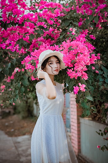 A beautiful woman wearing a white dress and hat stands amidst vibrant pink flowers in an outdoor garden. HD phone wallpaper