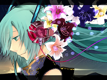 Hatsune Miku, colorful, awesome, heads, cute, vocaloid, beauty, nice, miku, vocaloids, hatsune, sun, sunset, blue eyes, twintail, blue hair, headset, beautiful, anime, pretty, cool, sky, flowers HD wallpaper
