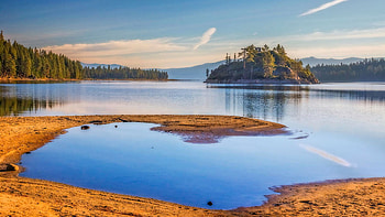 Emerald Bay Shoreline, island, california, clouds, trees, sky, tahoe, sunset, usa HD wallpaper