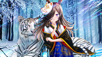 Anime Girl With Mask White Tiger Background Forest Snow Anime Girl HD wallpaper