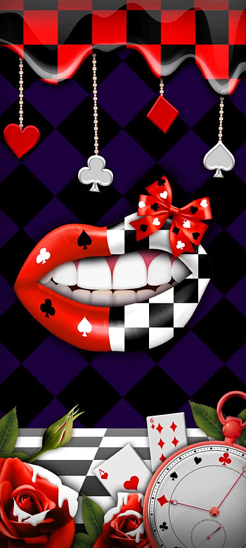 Red Poker Lips, art, ribbon, casino, luxury, glitter, Kiss, card HD phone wallpaper