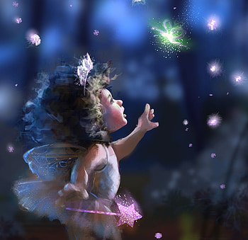 Little fairy, blue, night, wings, art, cute, girl, fairy, pink, firefly, fantasy, luminos, cris delara, delaraart HD wallpaper