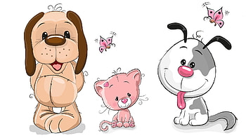 Pups, Kitten & Butterflies, kitten, cartoon, kitty, dogs, puppies, cute, cat, butterflies, pup HD wallpaper