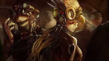 steampunk couple, couple, girl, steampunk, man HD wallpaper