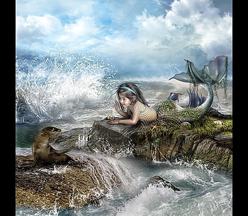 Hi little guy, animal, mermaid, cute, girl, digital art, beauty, little, fantasy, love, friend, water, child HD wallpaper