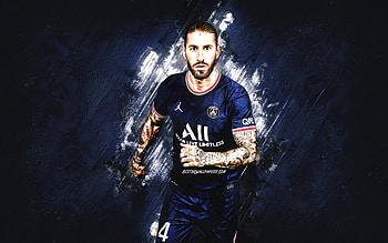 Sergio Ramos, PSG, Spanish footballer, Paris Saint-Germain, blue stone background, Sergio Ramos art, Ramos PSG, Ligue 1, France, football HD wallpaper