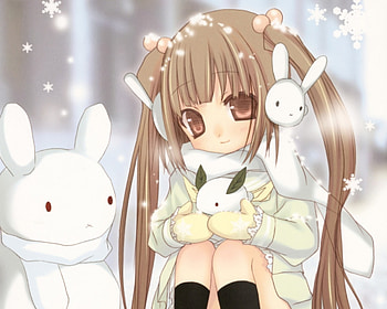 Snow Bunny, winter, cute, long hair, nice, snowflakes, snow, twintails, swet, happy, adorable, sweater, female, rabbit, brown eyes, white, smile, cold, girl, adore, bunny, kawaii, anime girl, anime, pretty, flakes, ears, brown hair, lovely, ze HD wallpaper