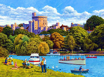 Holidays at Windsor Castle, England, artwork, painting, boats, trees, people HD wallpaper