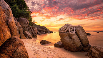 Sunset at the shore, sea, coast, landscape, colors, clouds, sky, rocks, ocean HD wallpaper