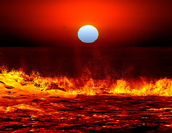 Ocean on fire, heat, red, sun, fire, ocean HD wallpaper