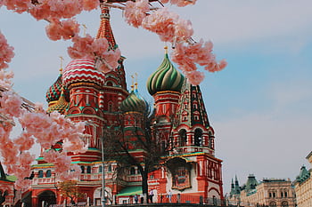 Saint Basil's Cathedral in Moscow framed by cherry blossoms, showcasing vibrant Russian architecture. HD wallpaper