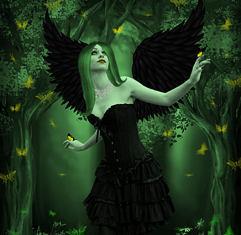 ✫Like a Dream✫, plants, colors, necklace, digital art, dragonflies, dress, butterflies, butterfly, fantastic, animals, trees, female, wings, model, beautiful, grass, dark, fantasy, pretty, manipulation, cool, girls, flowers, women, lovely, hair HD wallpaper