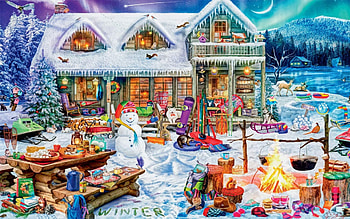 Winterland Fun , winter, snowman, painting, snow, house, animals, ice HD wallpaper