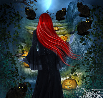 ✫Love Redhead Witch✫, night, black, emotional, cats, colors, digital art, spiderweb, witch, halloween, moon, animals, bright, pumpkin, female, black cats, gorgeous, beautiful, spiders, people, dark, leaves, pretty, manipulation, cool, models, girls, women, redhead, lovely, hair HD wallpaper
