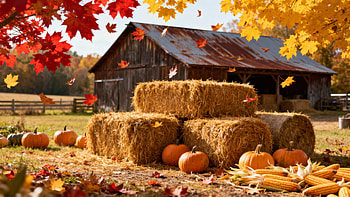 Golden Harvest Farm — Fall, fall, haystack, pumpkin, barn HD wallpaper