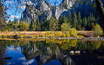 Yosemite Autumn, fall, trees, colors, sky, water, mountains, reflections, usa, california HD wallpaper