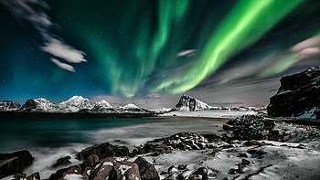 Lofoten Norway Aurora, aurora, norway, snow, ice, mountains, mountain, lake, water, clouds, nature HD wallpaper