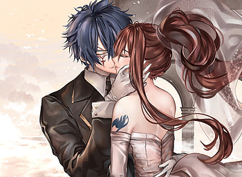 Anime, kiss, couple, Erza Scarlet, Jellal Fernandes, Fairy Tail, artwork HD wallpaper