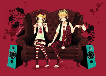 Len & Rin Kagamine, letters, anime, len and rin kagamine, speakers, couch, vocaloid, strawberry jam HD wallpaper