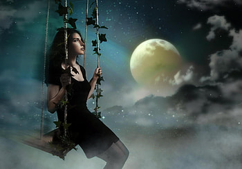 Fantasy, swing, stars, dress, woman, lady, leaves, moon, clouds, female HD wallpaper