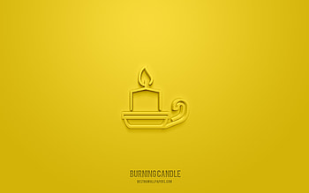 Burning candle 3d icon, yellow background, 3d symbols, Burning candle, holiday icons, 3d icons, Burning candle sign, holiday 3d icons HD wallpaper