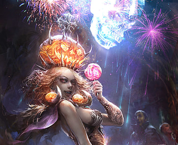 Halloween, blue, fireworks, art, girl, orange, hoyhoykung, pink, fantasy, pumpkin, luminos HD wallpaper