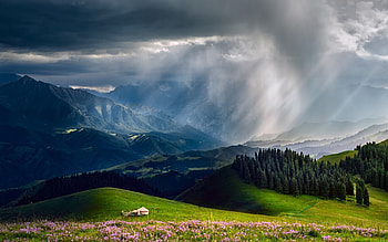 Beauty of nature, fabric, landscape, a necklace, beauty, rose, pearls, clouds, nature, flowers, mountains HD wallpaper
