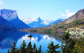 Wild Goose Island in Saint Mary Lake, Glacier National Park, Montana, clouds, trees, sky, mountains, usa HD wallpaper