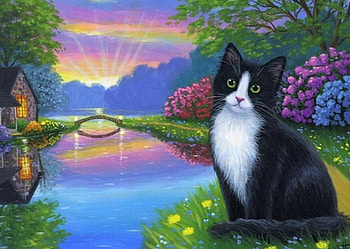 Summer Evening, artwork, river, painting, cat, cottage, sunset HD wallpaper