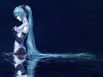 Hatsune Miku, blue, sad, robot, girl, twin tails, long hair, water HD wallpaper
