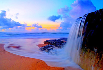 Waterfall, Beach, Ocean, Sea, Sunset HD wallpaper