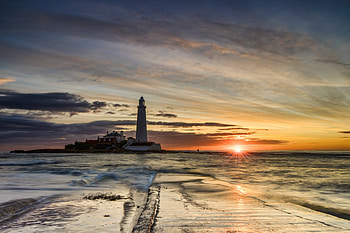 Lighthouse, sea, sunrise, beach, clouds, nature, sky, sunset, ocean HD wallpaper