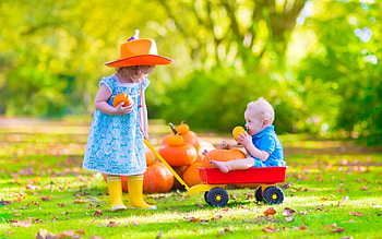 Children, cute, girl, orange, copil, halloween, boy, green, couple, pumpkin, autumn, hat HD wallpaper