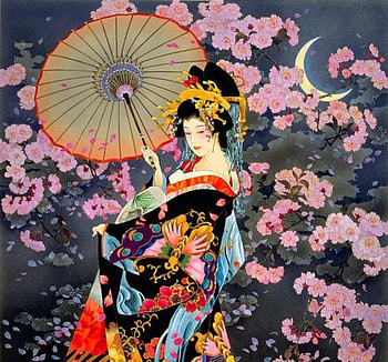 Geisha, parasol, girl, haruyo morita, night, kimono, black, asian, spring, pink, moon, flower HD wallpaper