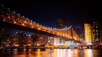 the queens borough bridge in nyc at night, night, river, city, lights, bridge HD wallpaper