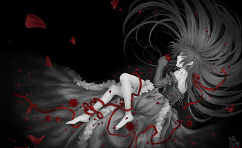 Alice, barefoot, polychrimatic, ribbons, long hair, black dress, petals, pandora, hearts, flowers HD wallpaper