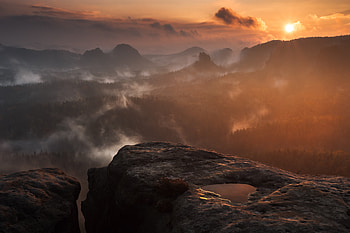 Rock Hill Fog Clouds Forest Sunset , fog, clouds, forest, sunset, rocks, nature HD wallpaper