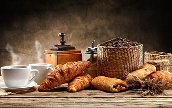 Grains and croissants, Full , Coffee beans, High resolution HD wallpaper
