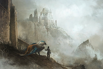 Early Morning, painting, fantasy, conceptual, digital art, castle, misty, gryphon, mountain HD wallpaper