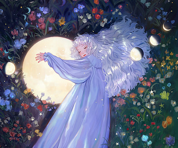 Magical Night: Anime Girl Under the Moon -, night, star, moon, fantasy, flower, Anime, girl, anime girl, anime night, fantasy anime HD wallpaper