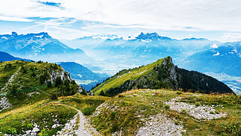 Switzerland, Valley in the Alps near the village of Leysin, sky, rocks, peaks, trees, landscape, clouds HD wallpaper