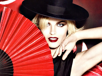 Eva Herzigova, black, model, red, girl, hat, woman, fan HD wallpaper