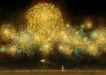 Fireworks, yellow, night, kazami ehoh, kazami ehoe, anime, manga, new year HD wallpaper