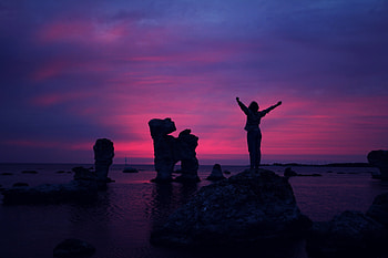 dom, Sunset, Sea, Rocks, Dark, Human, Person, Happiness HD wallpaper