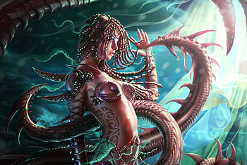 Extreme wizard, pink, octopuss, kyuyong eom, fantasy, green, luminos, girl HD wallpaper