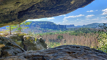 Saxony, Germany from a small cave in the mountains, trees, landscape, sky, hills, clouds HD wallpaper