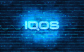 IQOS blue logo, , blue brickwall, IQOS logo, brands, IQOS neon logo, IQOS HD wallpaper