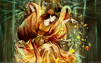 Peacock Dance, golden, dancer, beautiful, dancing, painting, petals, flowers, women, princess, graceful, female HD wallpaper