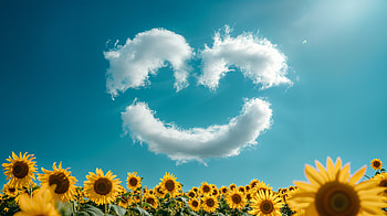 Clear-Sky Smile Above Sunflowers - Ultra, sunflower, cloud, smiley face, sky HD wallpaper
