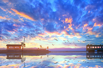 A Girl Last Kick At Dawn, anime-girl, anime, birds, artist, artwork, digital-art HD wallpaper